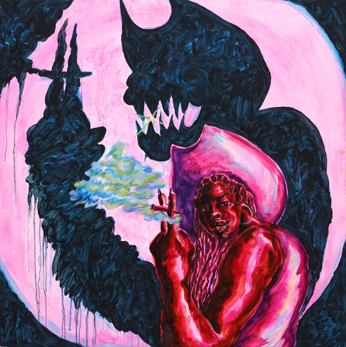 painting of a girl with a cowboy hat smoking a cigarette in pink