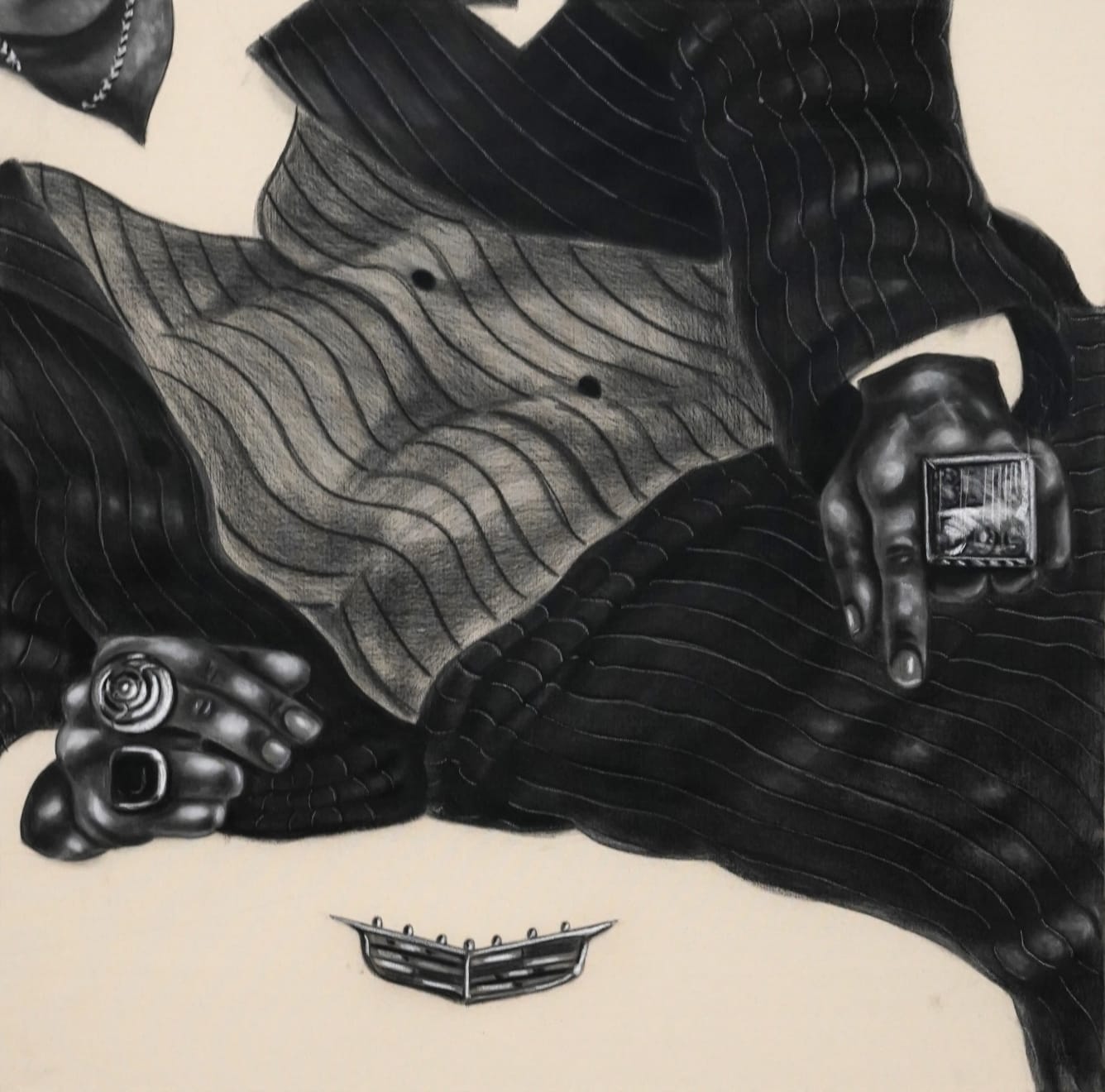black and white charcoal drawing of a man lounging with a cadillac symbol below him