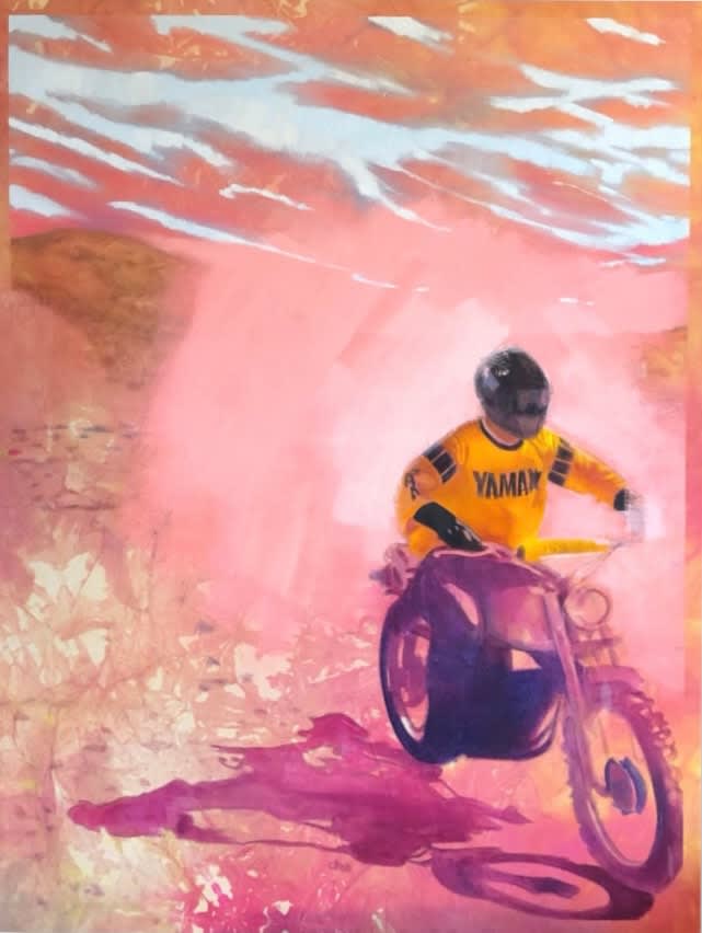 painting of a motorcyclist on a pink background