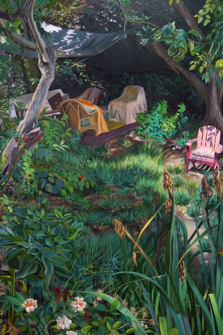 plein air painting of an overgrown backyard