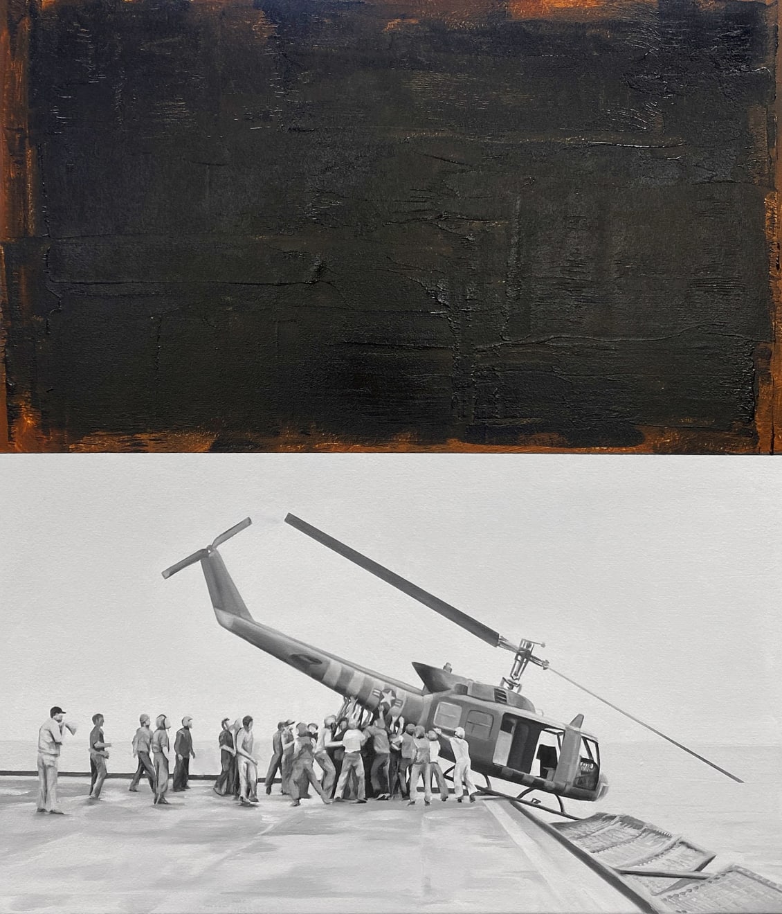 split paimting of a helicopter crash and an abstract section above it
