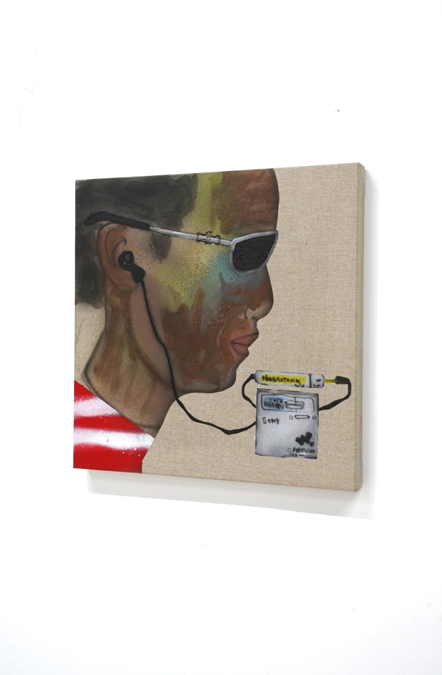 painting of a man wearing headphones and listing to music