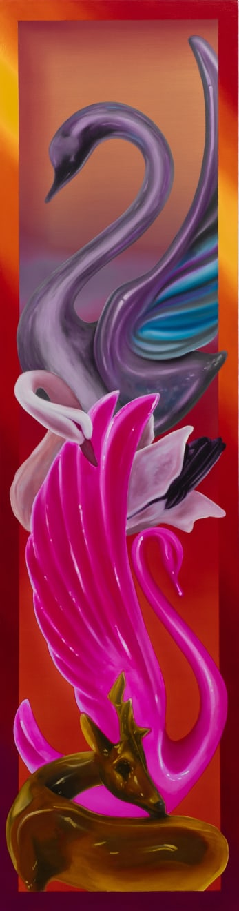 painting of a blue totem pole of swans