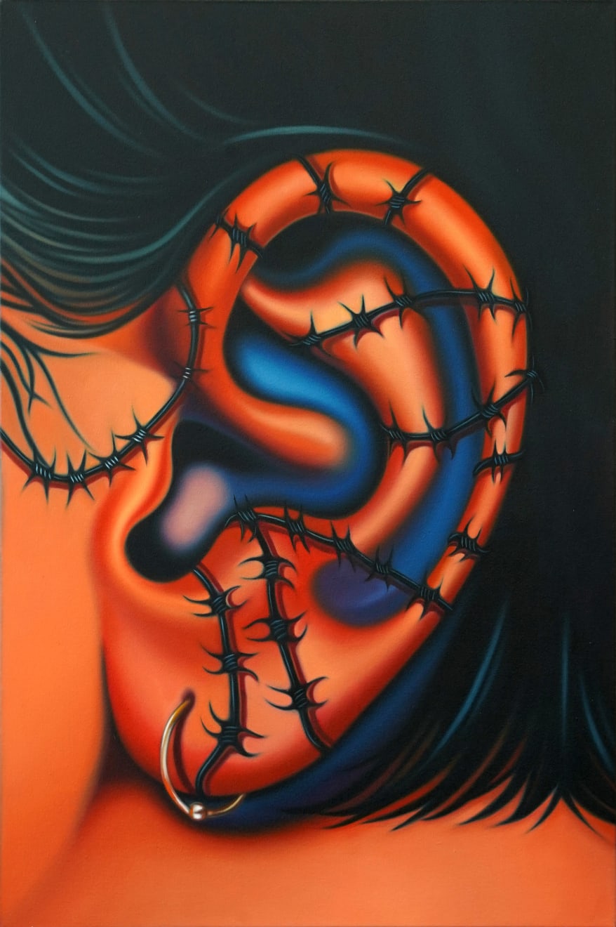 painting of an ear with barbed wire running along it