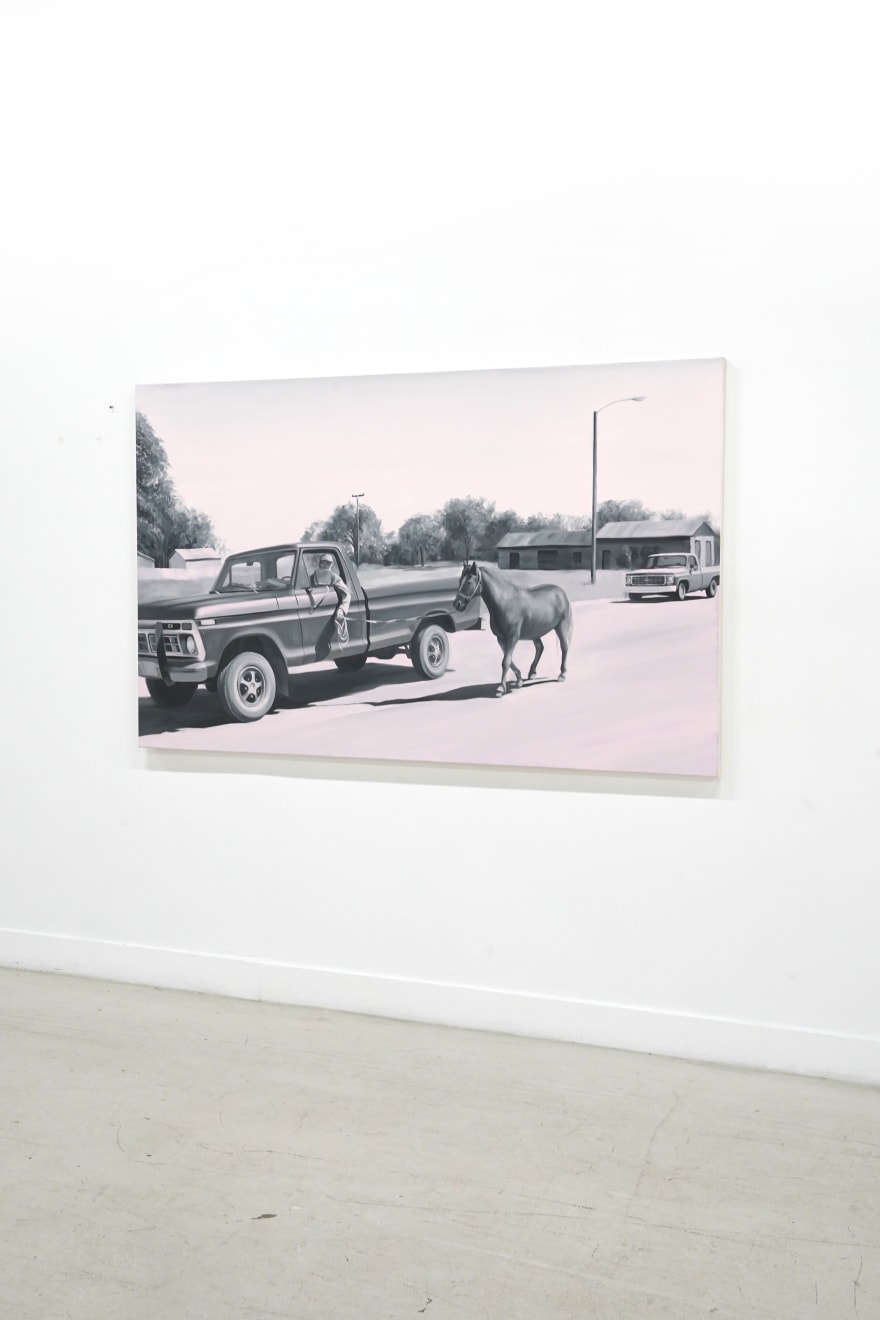 black and white painting with pink hues- of a man walking his horse while also driving his car