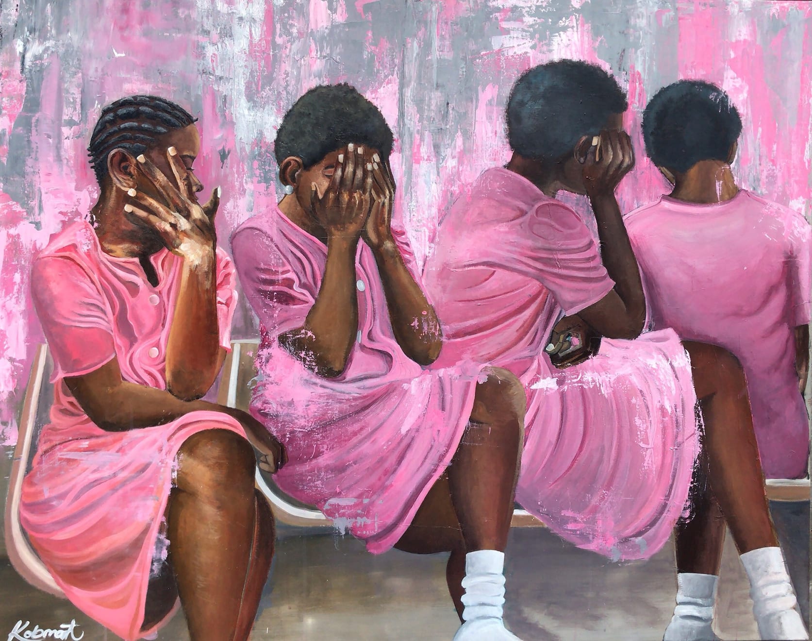 painting of 4 women in pink covering their faces