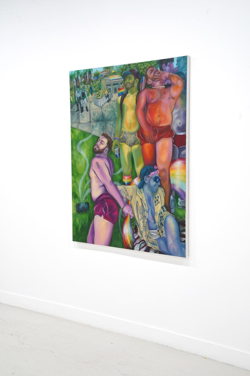 colorful painting of men dancing in a park by Brea Weinreb