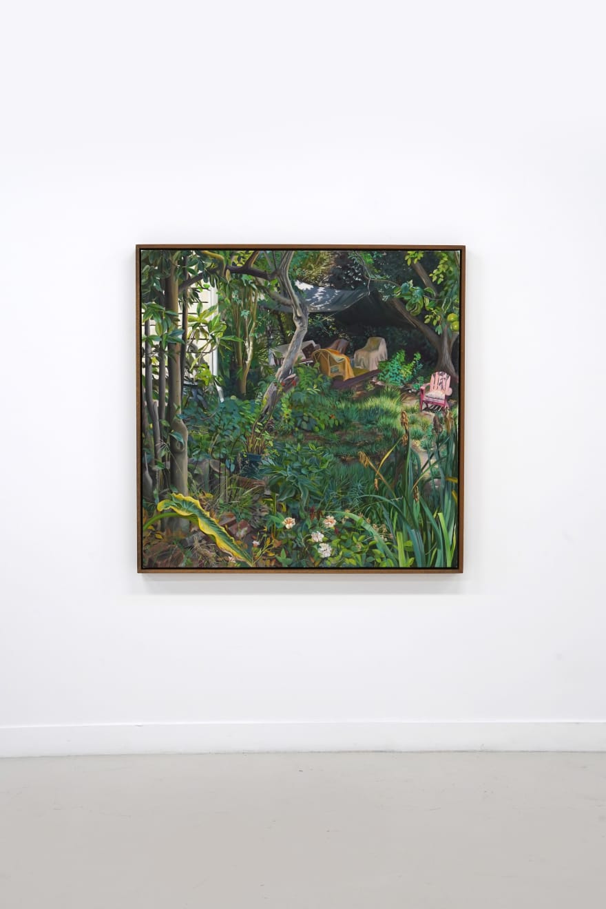 plein air painting of an overgrown backyard