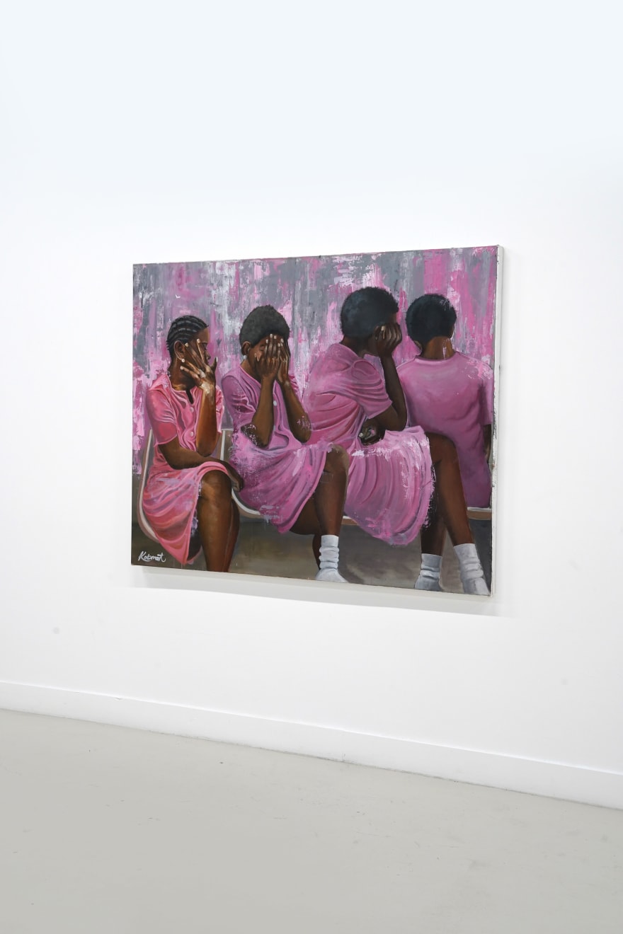 painting of 4 women in pink covering their faces