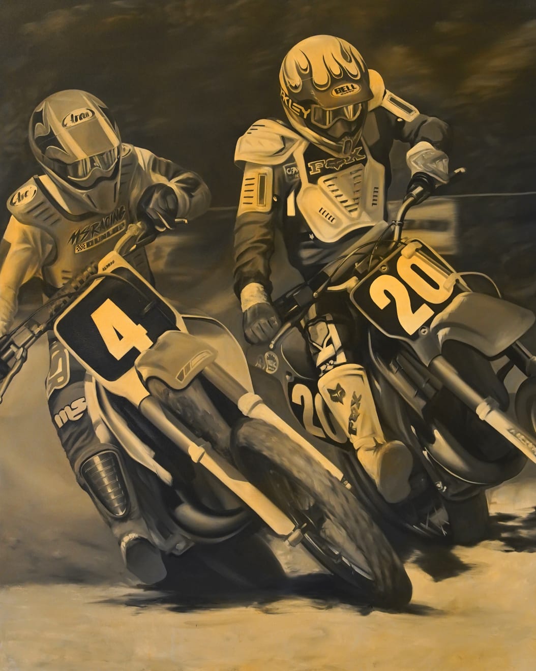 Painting of two motocross riders in orange