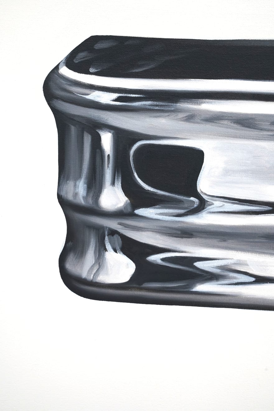 black and white painting of a bumper with the license plate scratched out