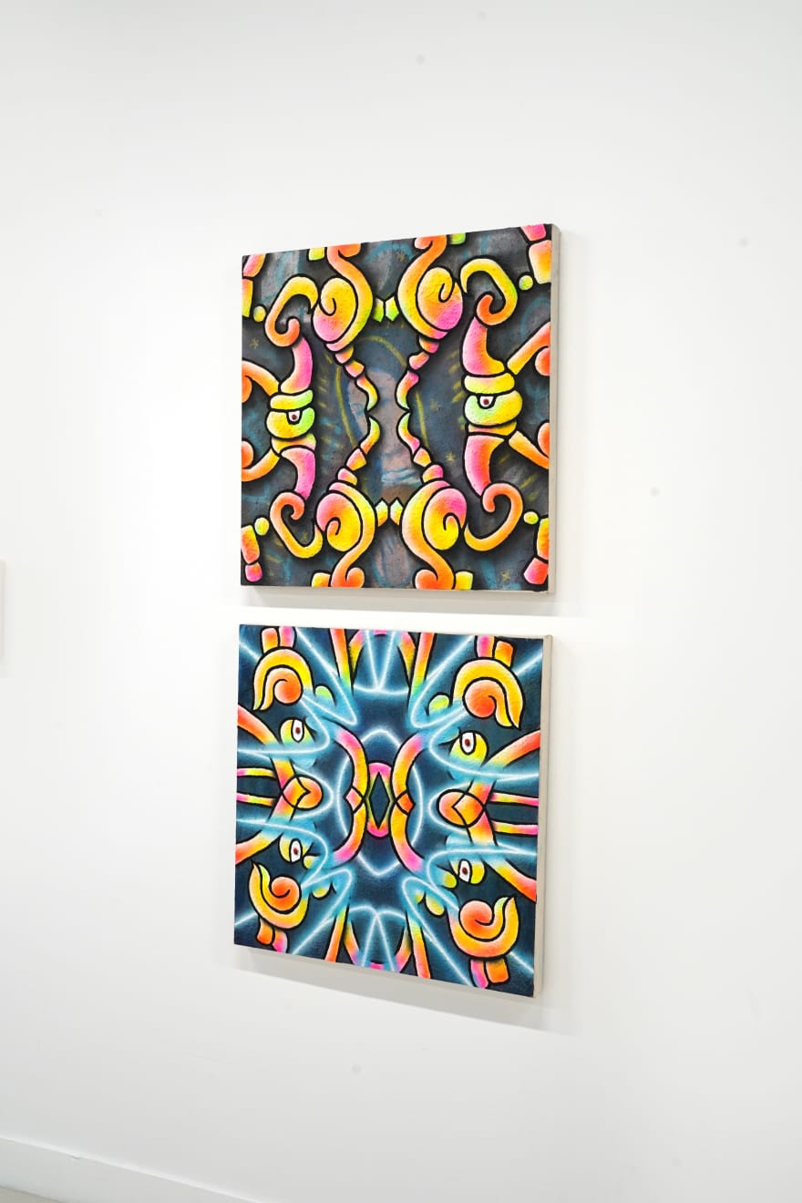 painting of saint mary with abstract images on top by Ozzie Juarez