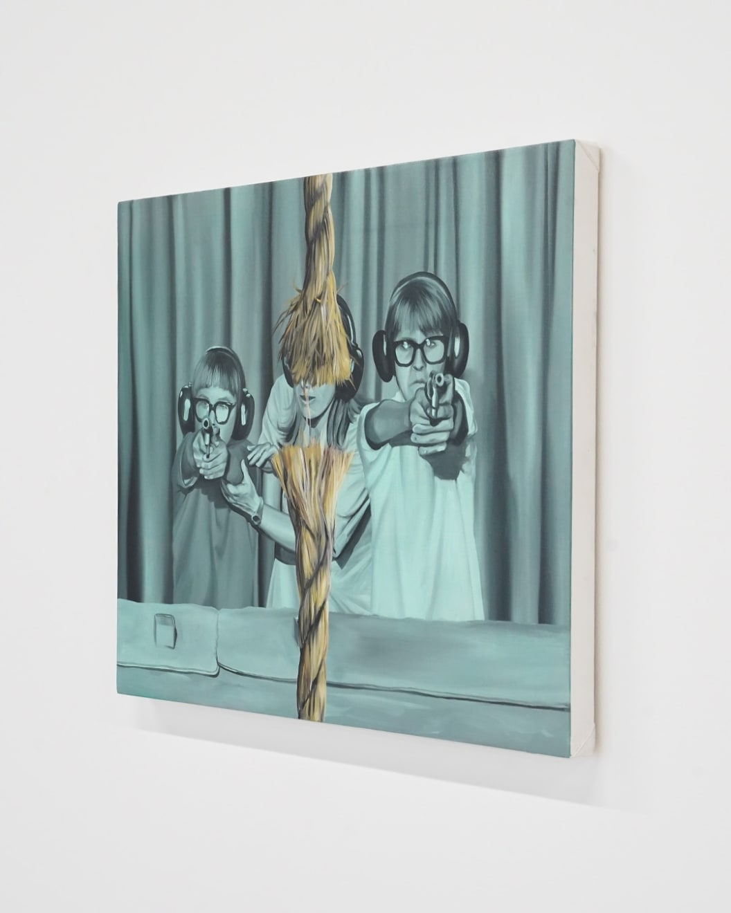 painting of three kids shooting guns at a range . torn rope painted in the middle