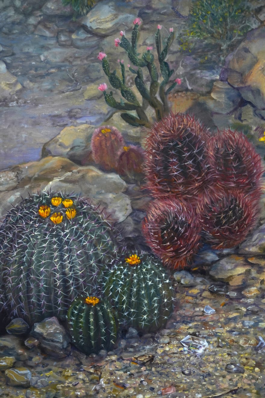 realistic painting of a desert landscape with a volcano