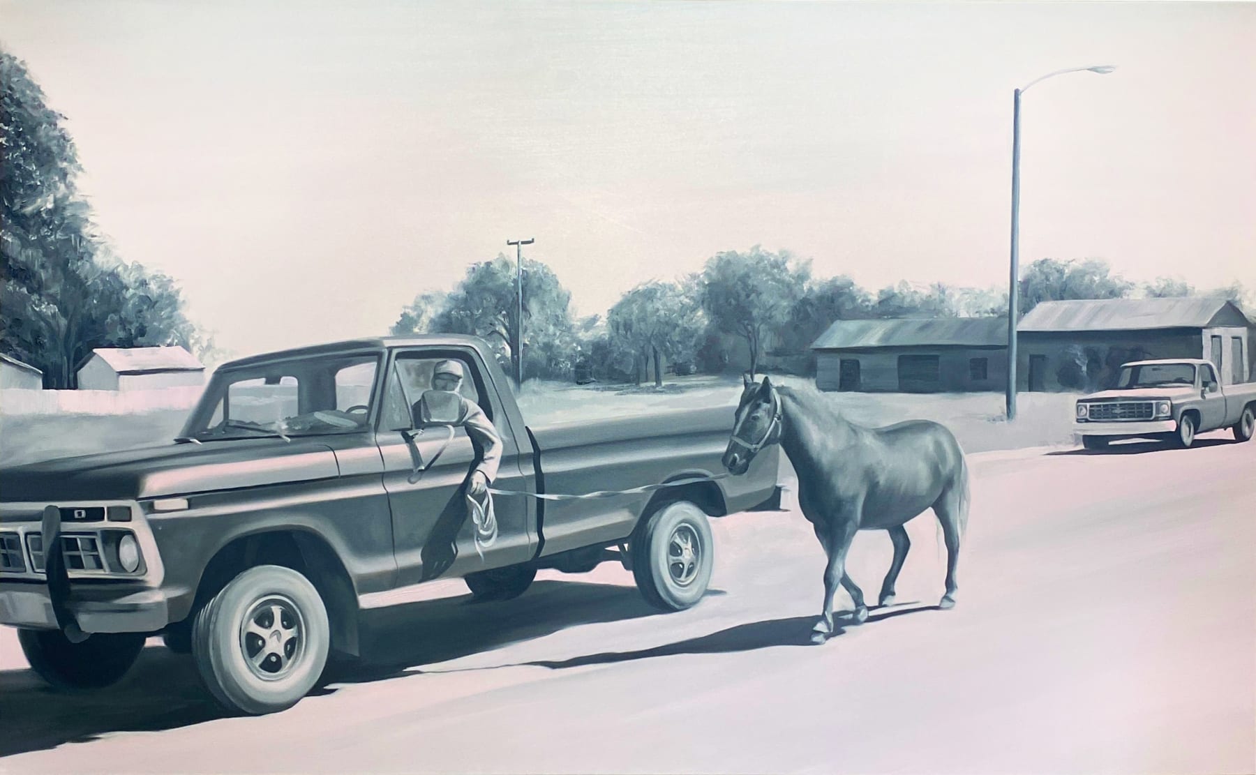 black and white painting with pink hues- of a man walking his horse while also driving his car
