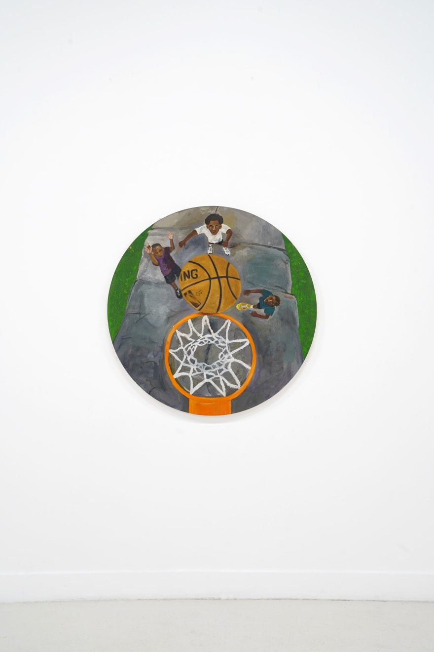 circular painting of 3 kids playing basketball by jonah elijah