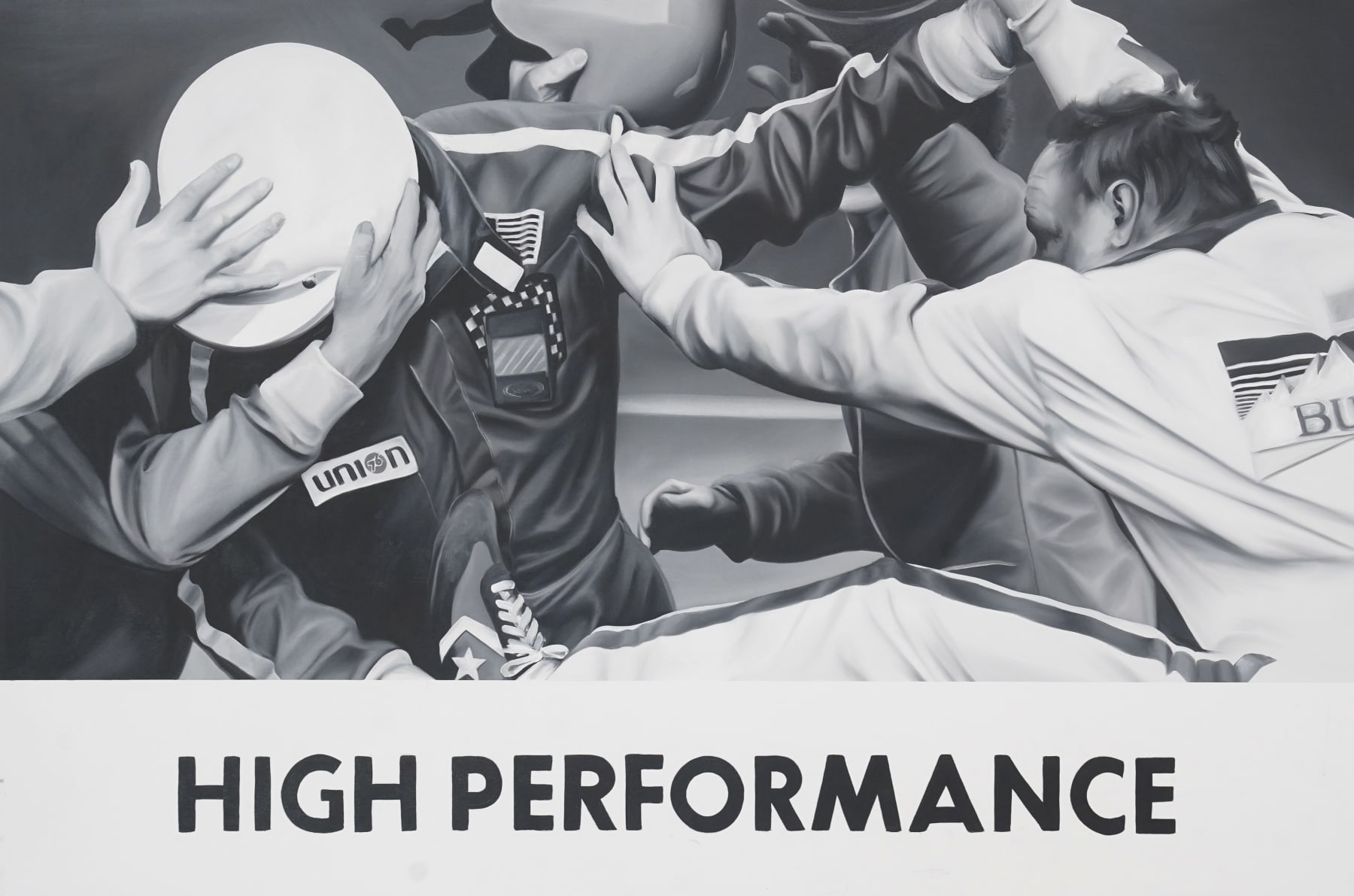 black and white painting of a winning race, people on top of eachother 'High Performance' in writing at the bottom