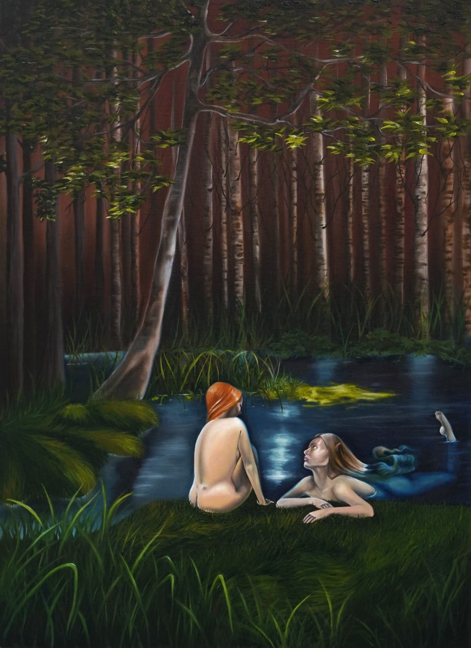 painting of two women in a pond in a forest