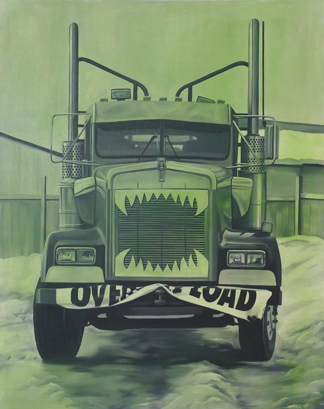 green painting of a semi truck with teeth painted on the front