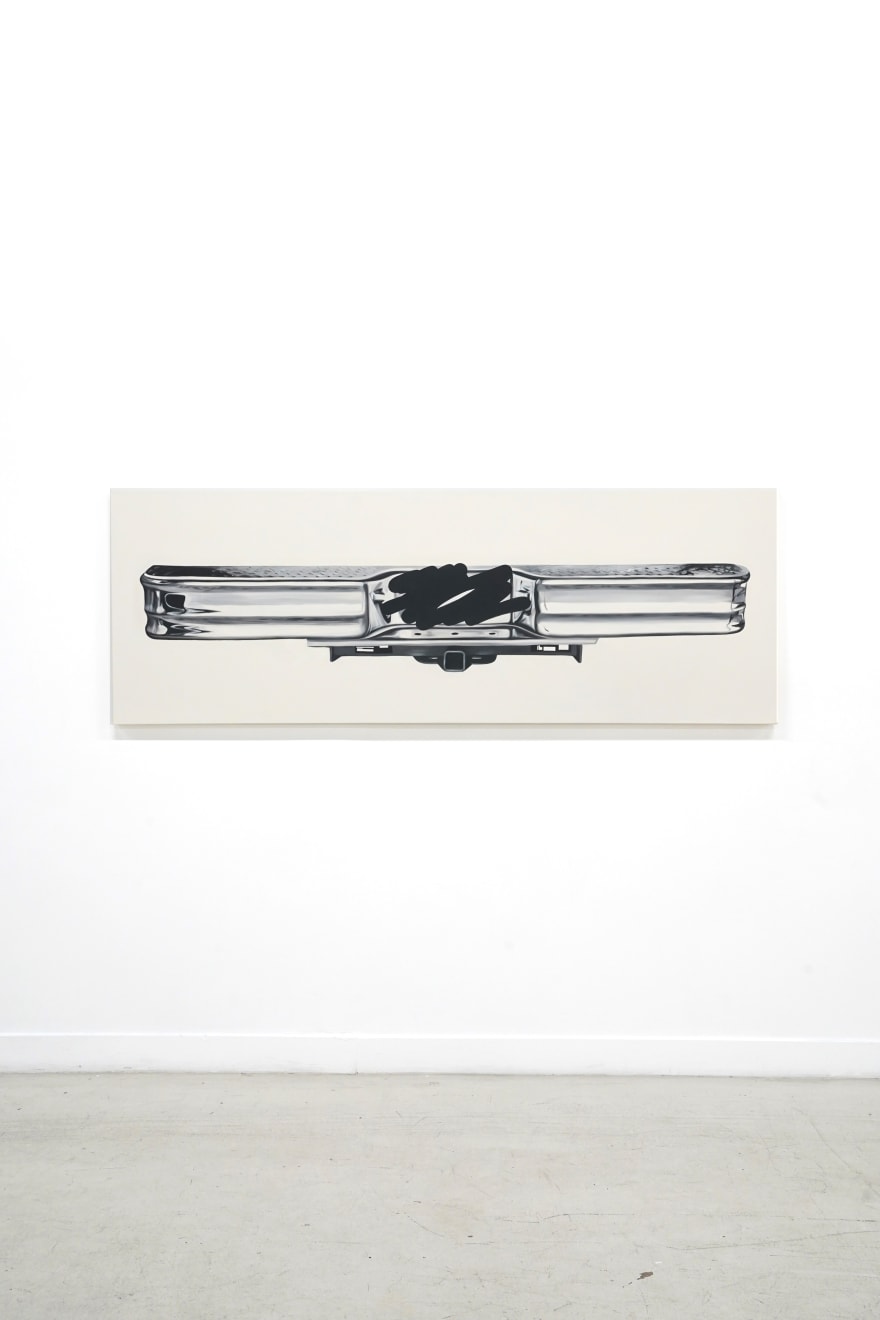 black and white painting of a bumper with the license plate scratched out