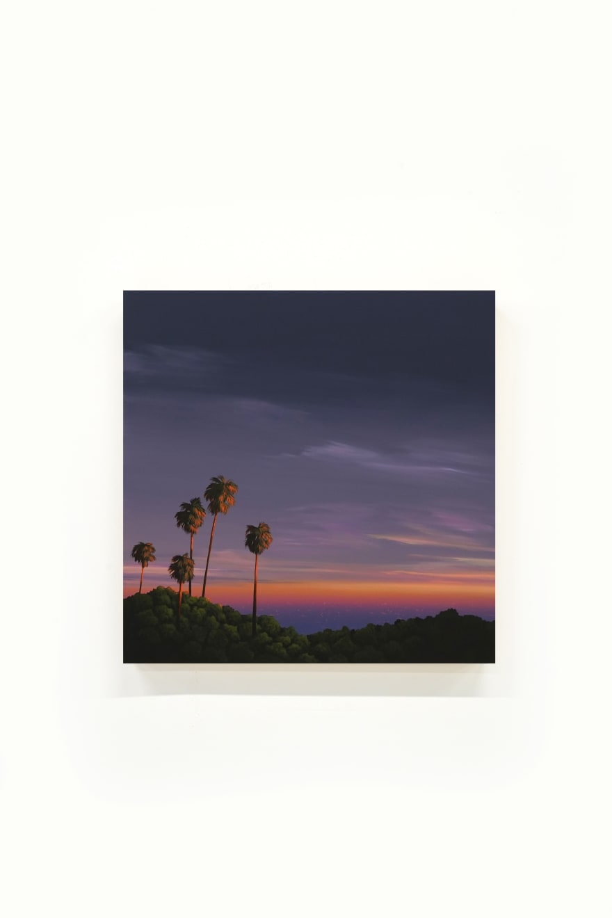 painting of a los angeles landscape with palm trees and a sunset