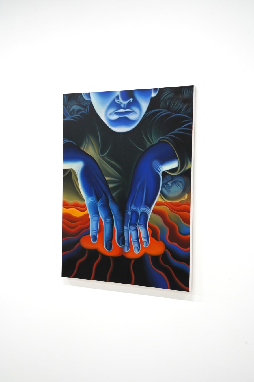 painting of a blue man stcking his hands into a volcano
