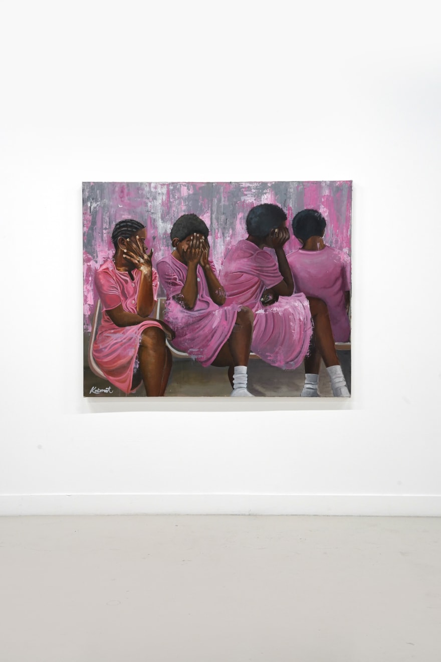 painting of 4 women in pink covering their faces