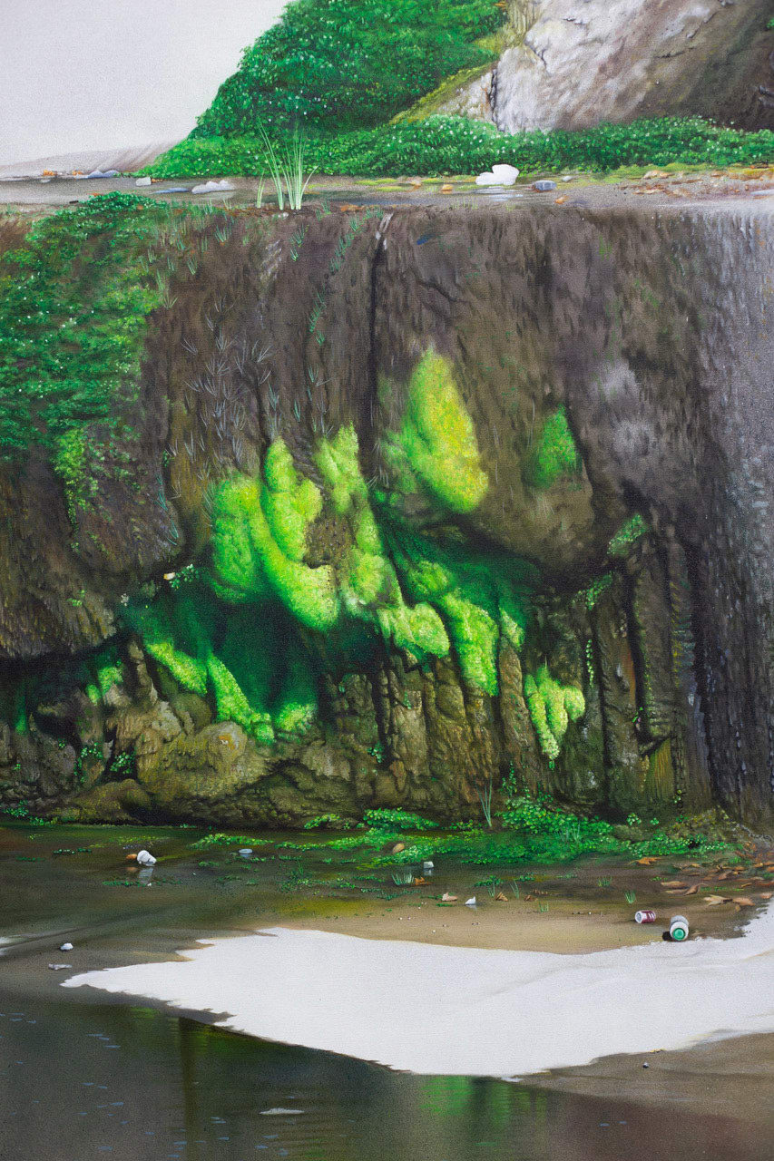 painting of a creek with moss growing around the cement