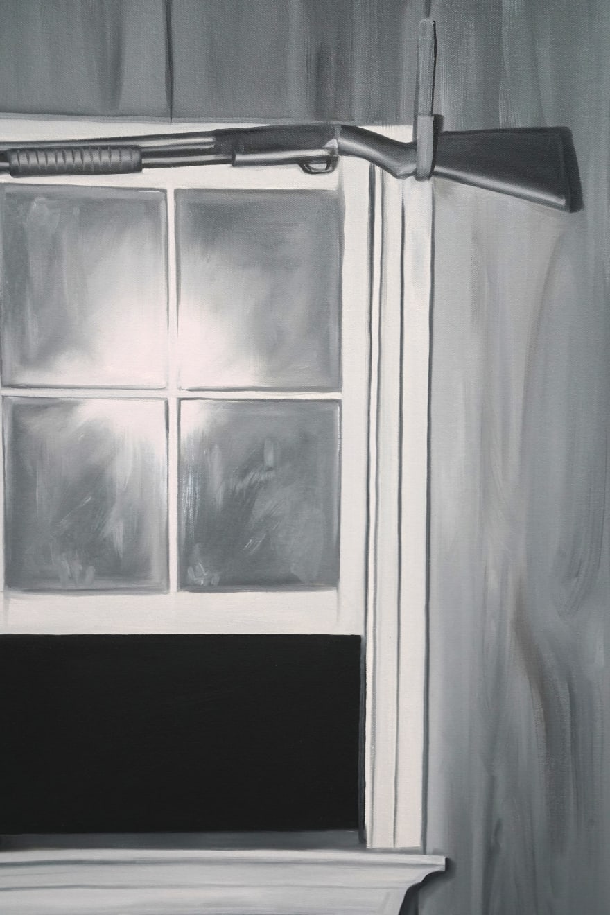 black and white painting of a gun hung above a window