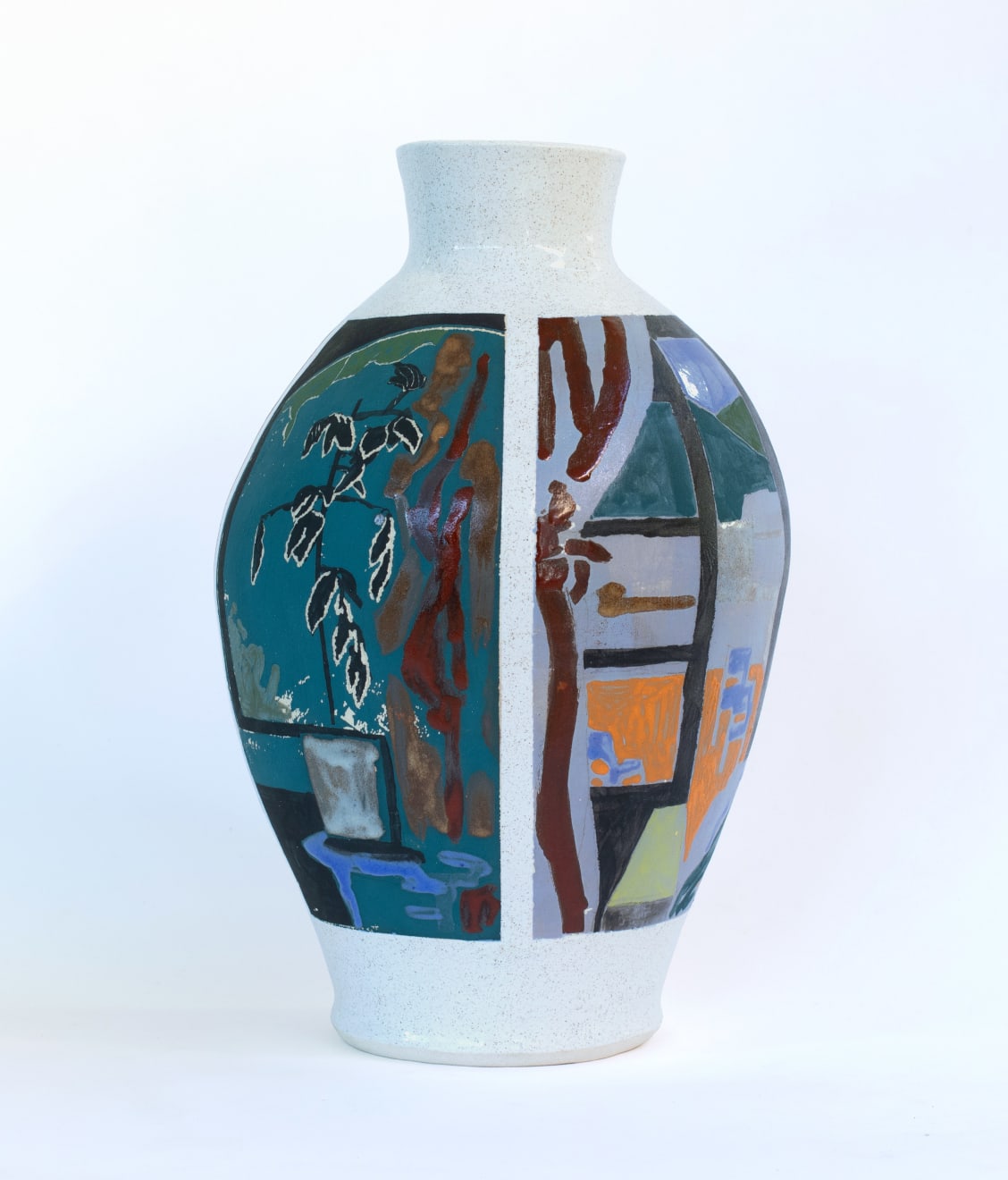 painted ceramic vase with windows and bedroom scenes