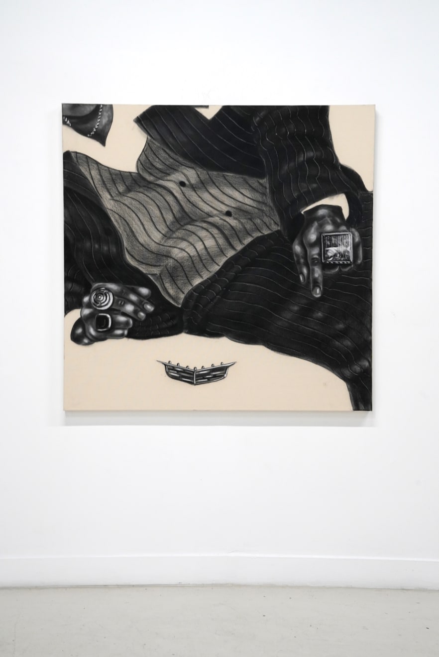 black and white charcoal drawing of a man lounging with a cadillac symbol below him