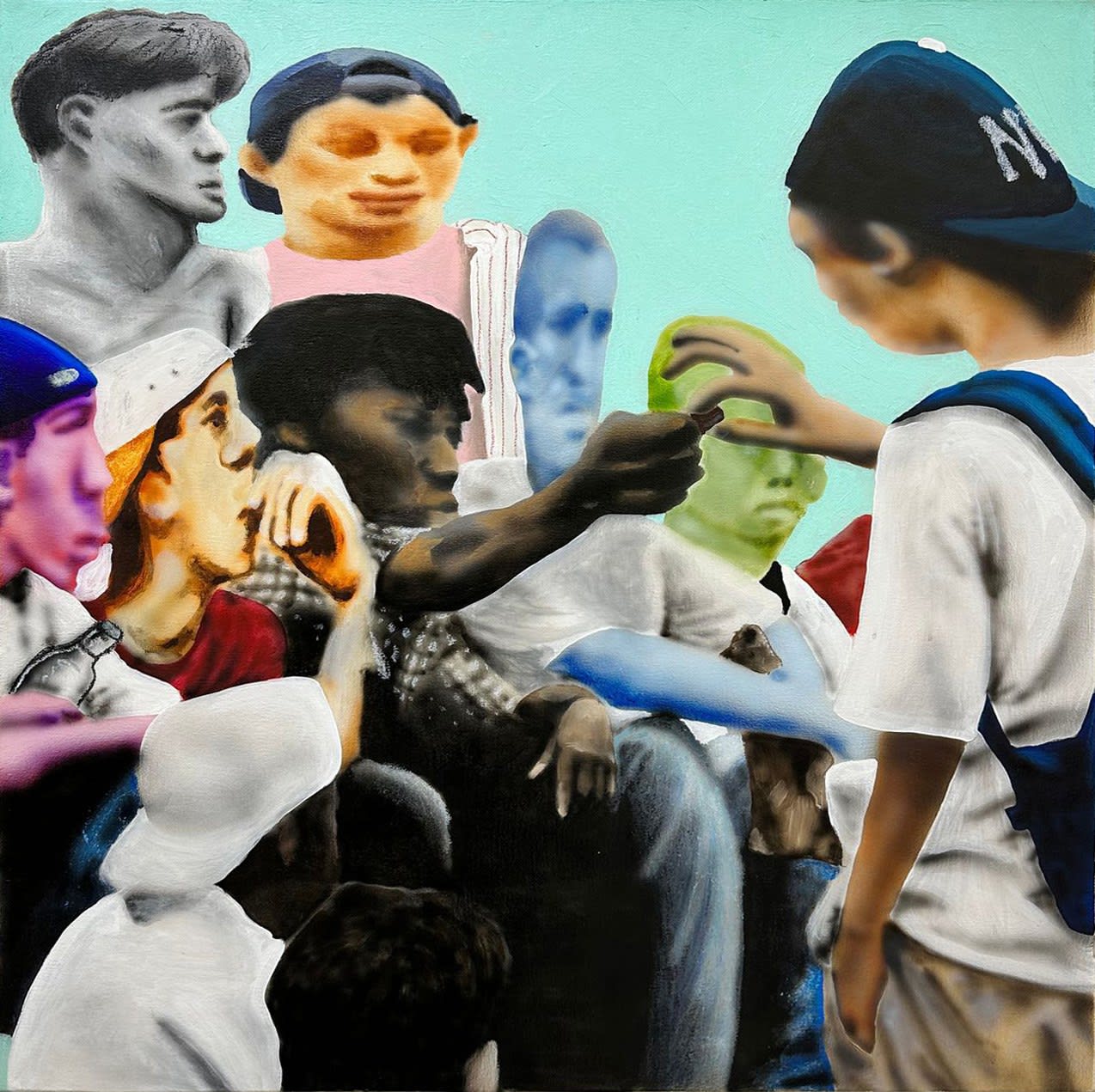 painting of kids hanging out and smoking by Landon pointer