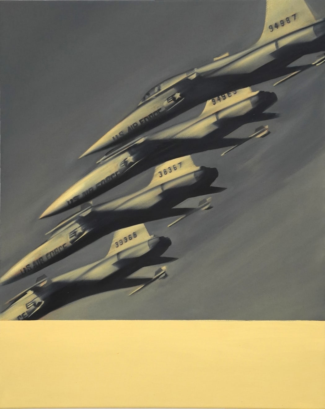 painting of fighter jets flying through the sky