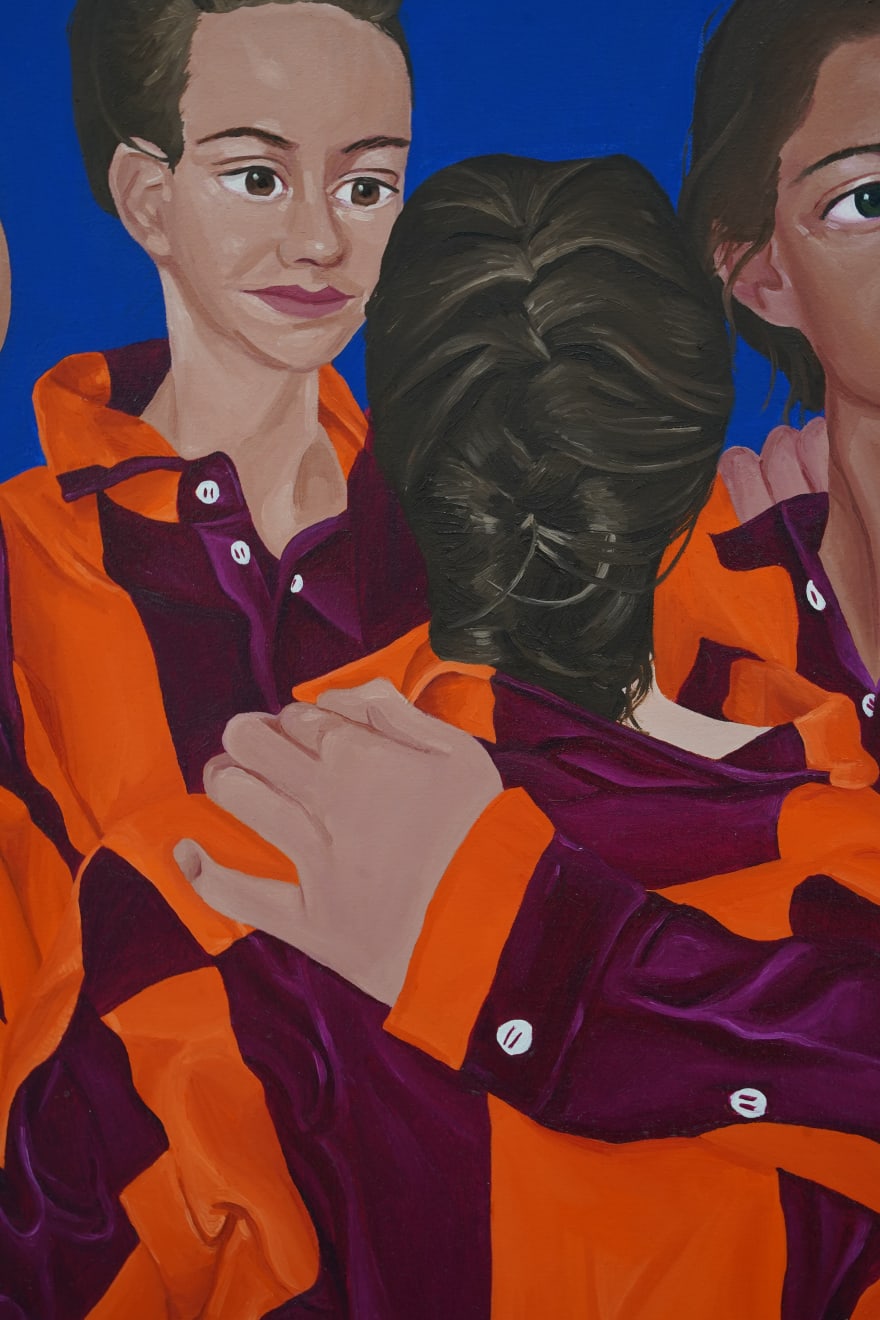 painting of a group of girls in a huddle by fay sanders