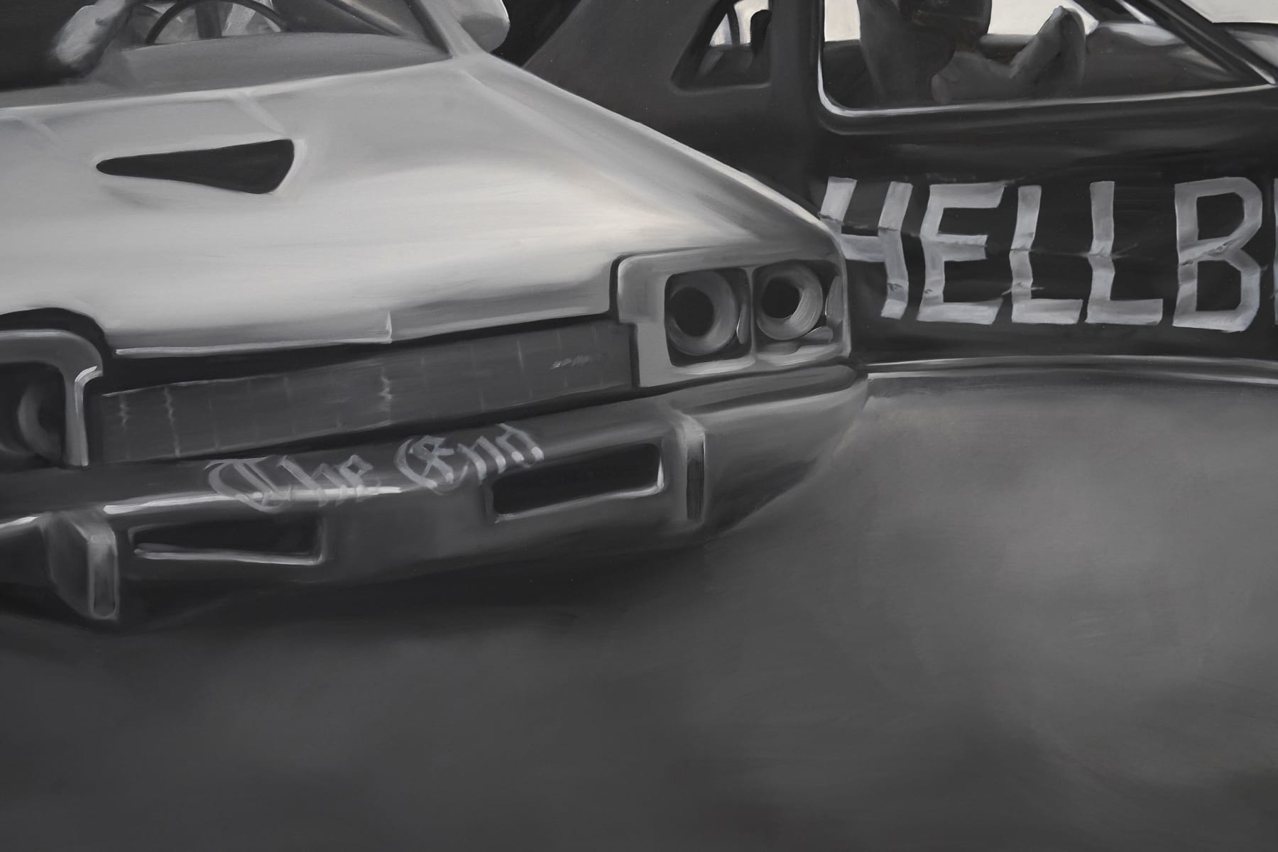black and white painting of two cars crashing with smoke around them