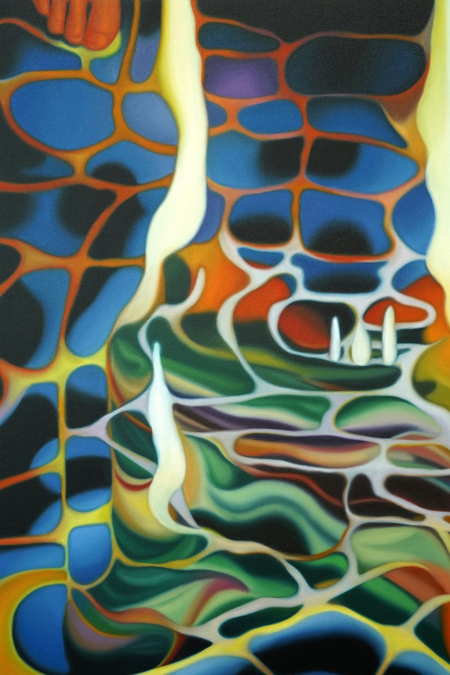 abstract painting of flames in a pond