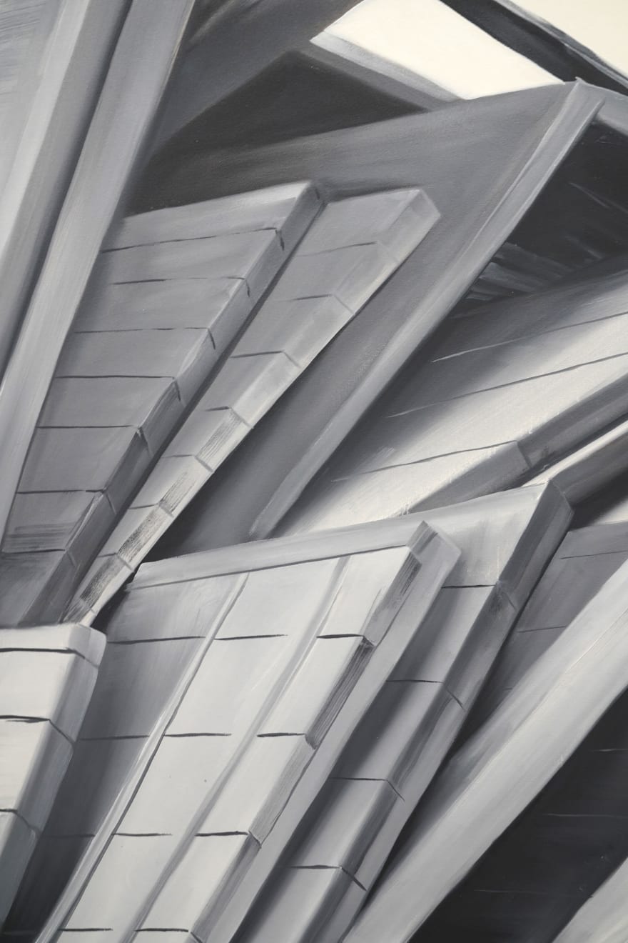 black and white painting of a truck toppled over on a road