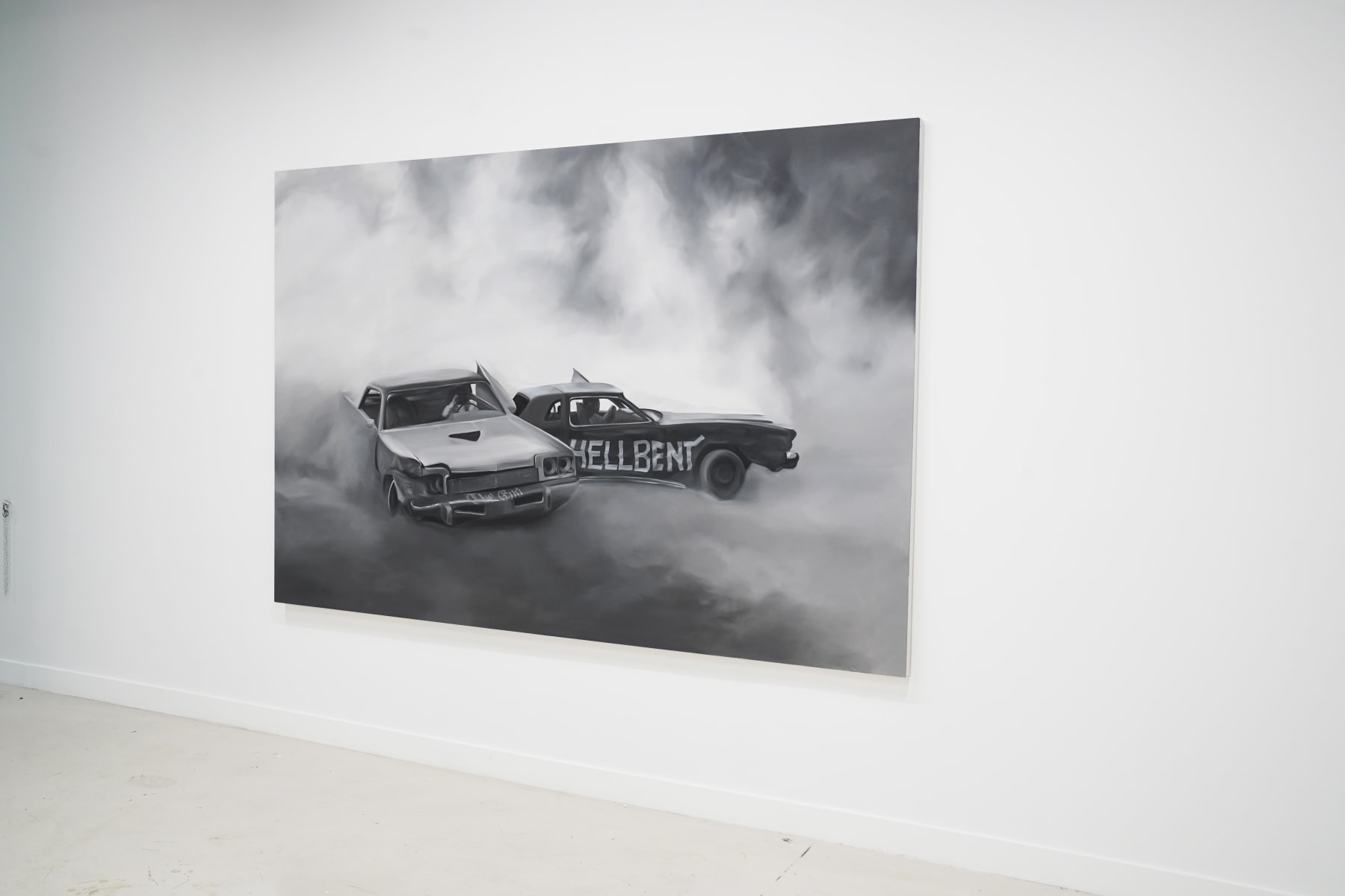 black and white painting of two cars crashing with smoke around them