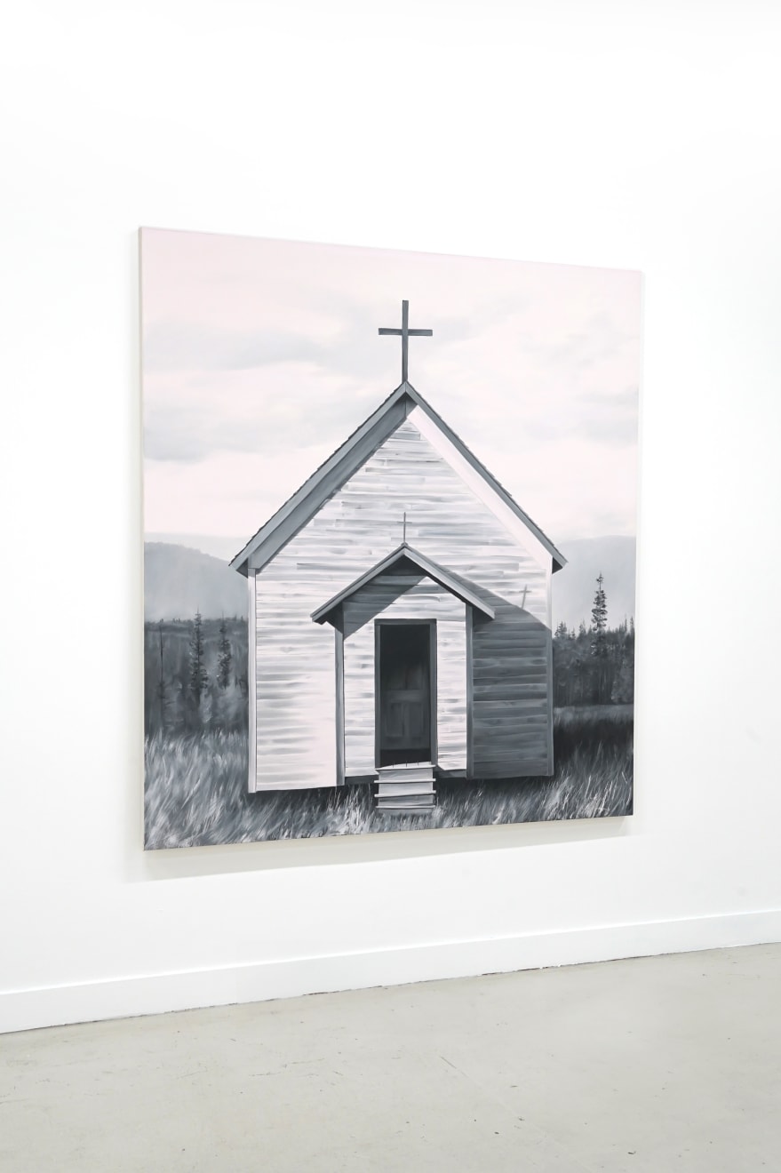 black and white painting of an old church in a feild