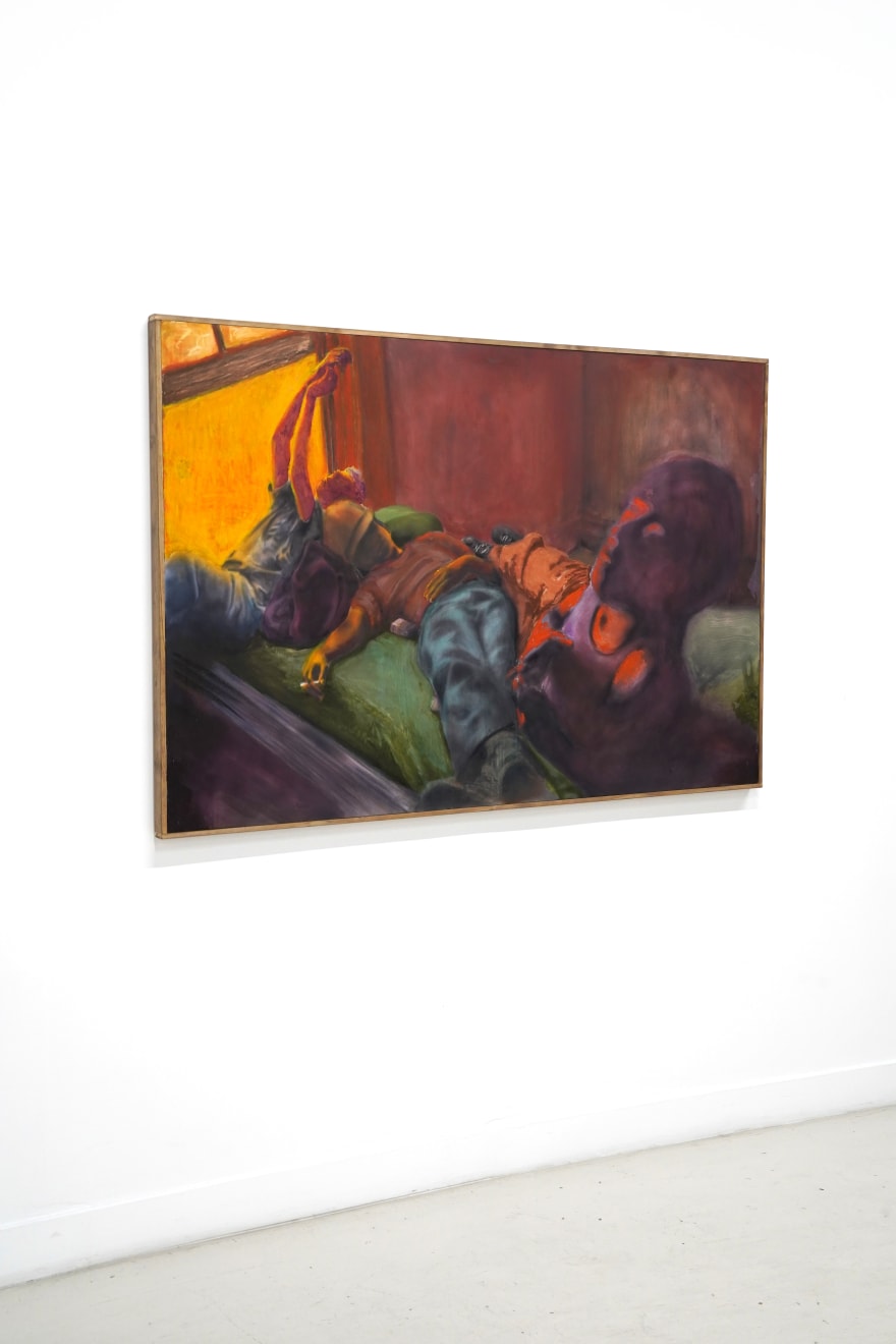 painting of 3 men lounging in bed