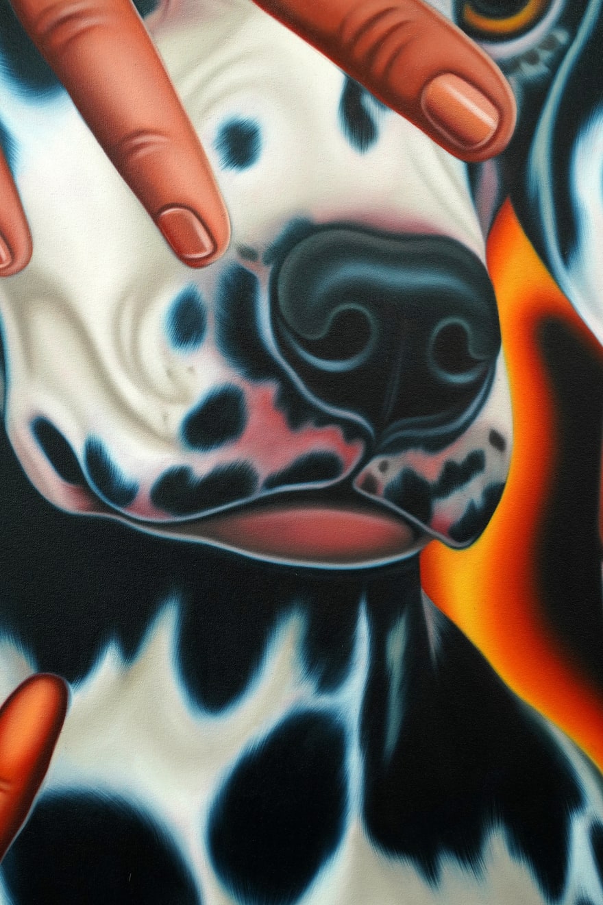 painting of a dalmation with 3 floating hands each holding a canddle or a cigarette
