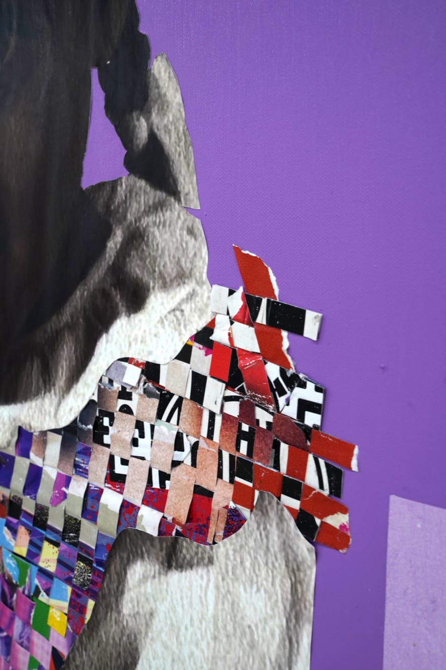 paper collage of a young child on a purple background