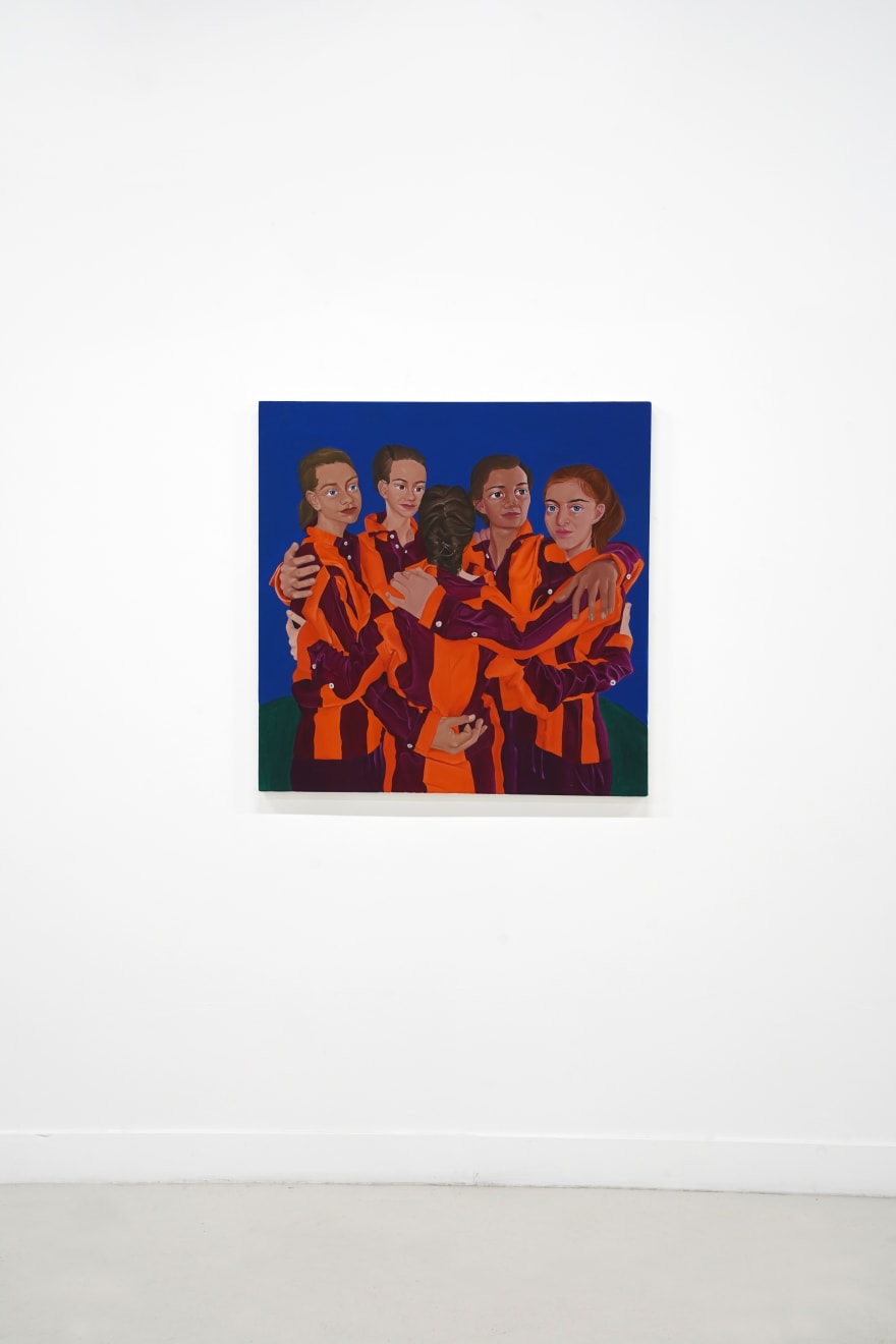 painting of a group of girls in a huddle by fay sanders