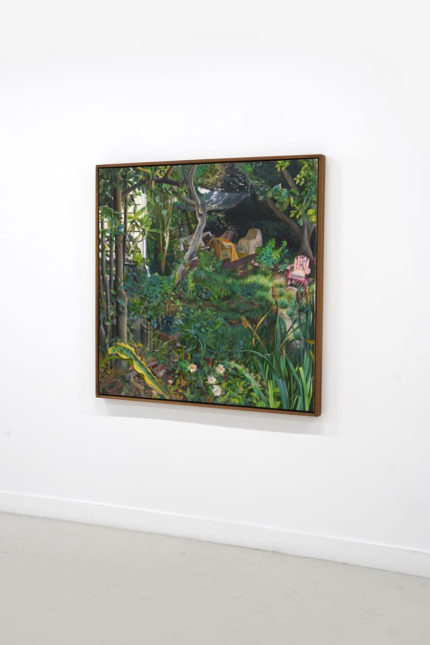plein air painting of an overgrown backyard