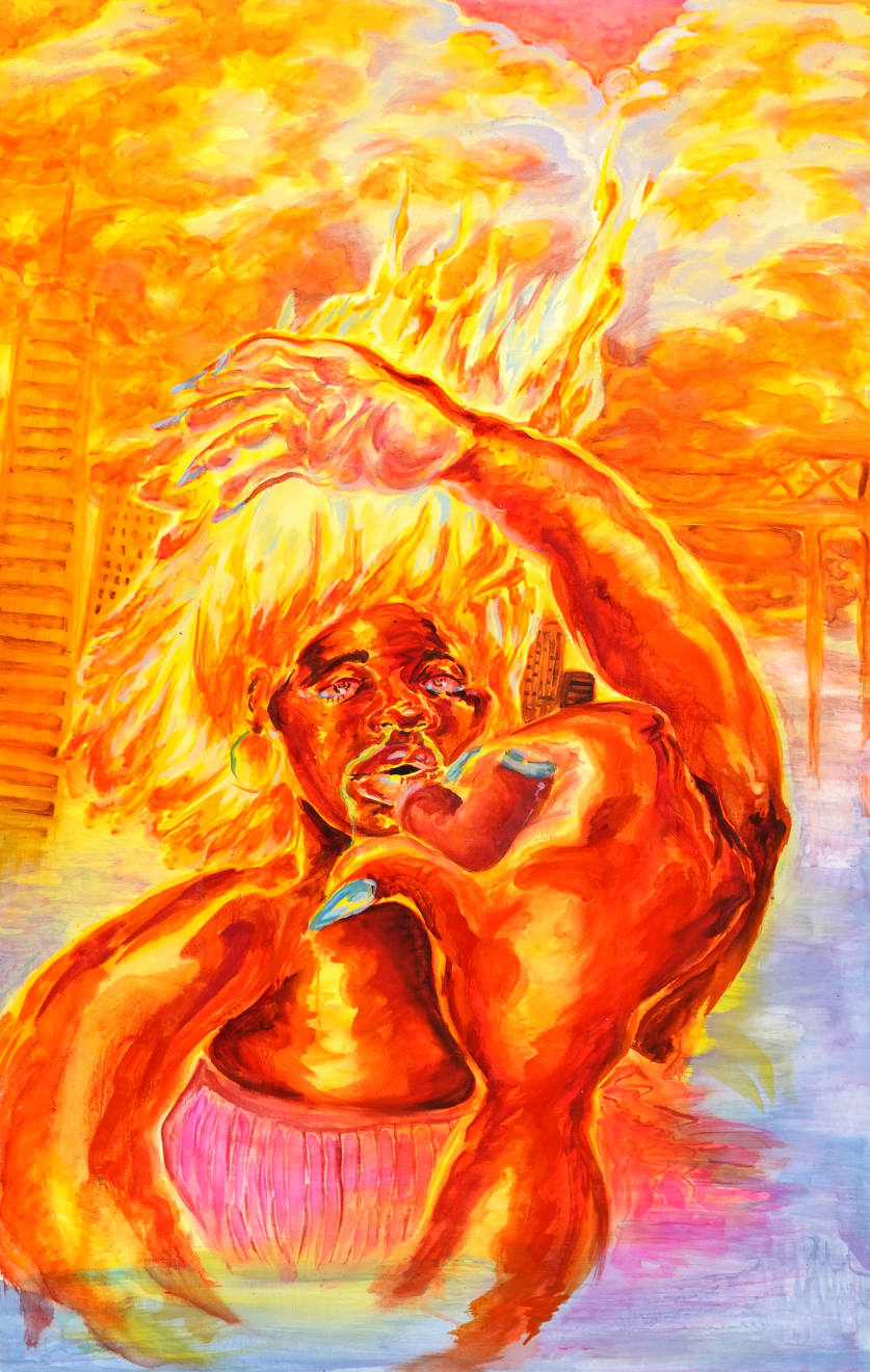 abstract orange painting of a woman