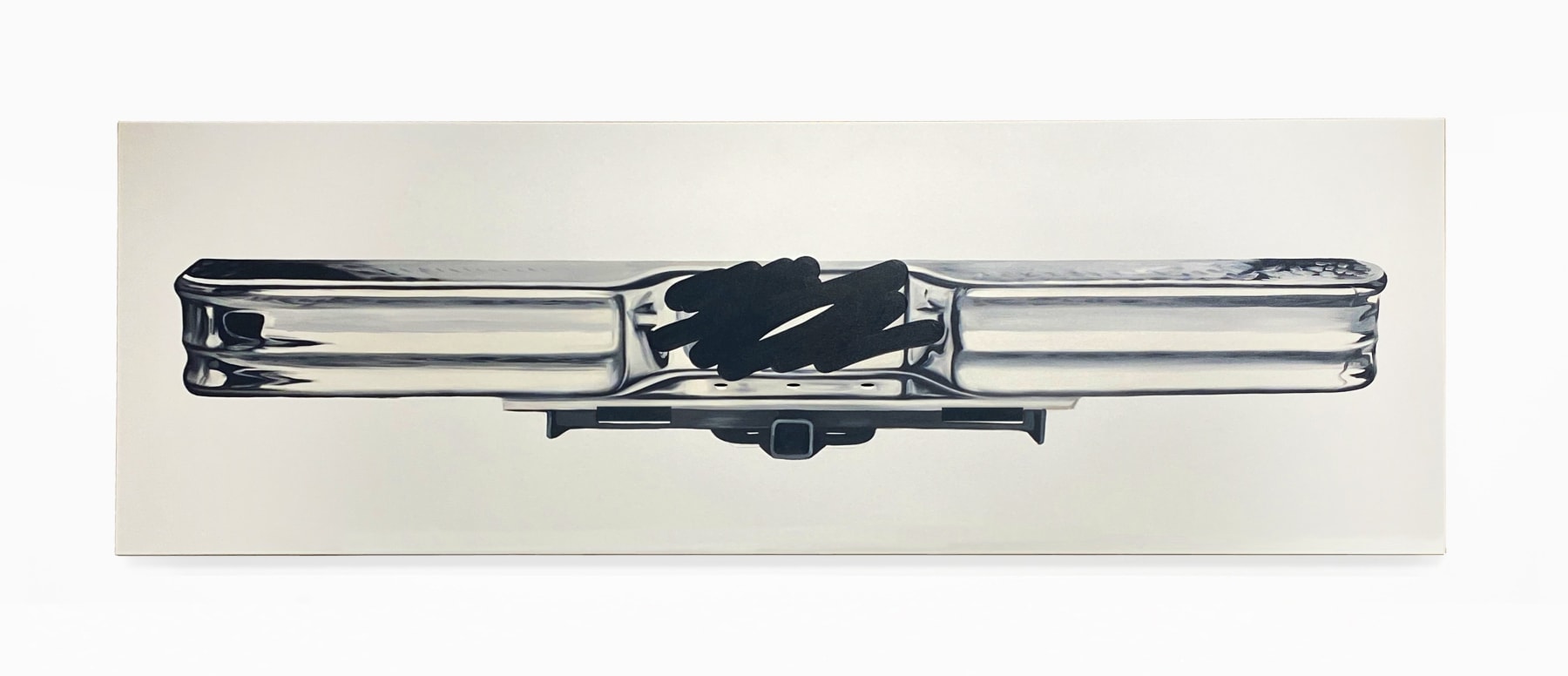 black and white painting of a bumper with the license plate scratched out