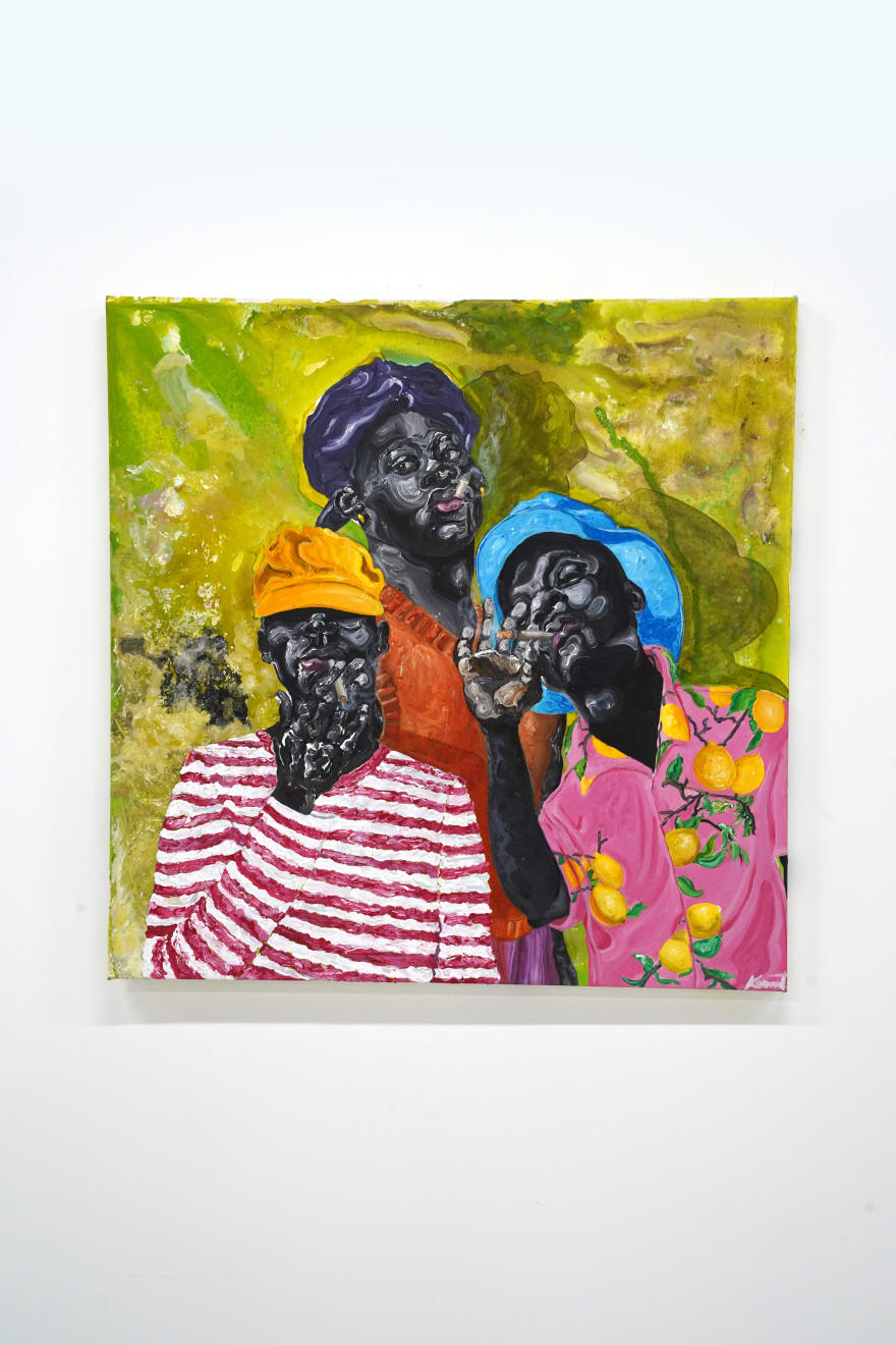 painting of three men in colorful shirts smoking a cigar