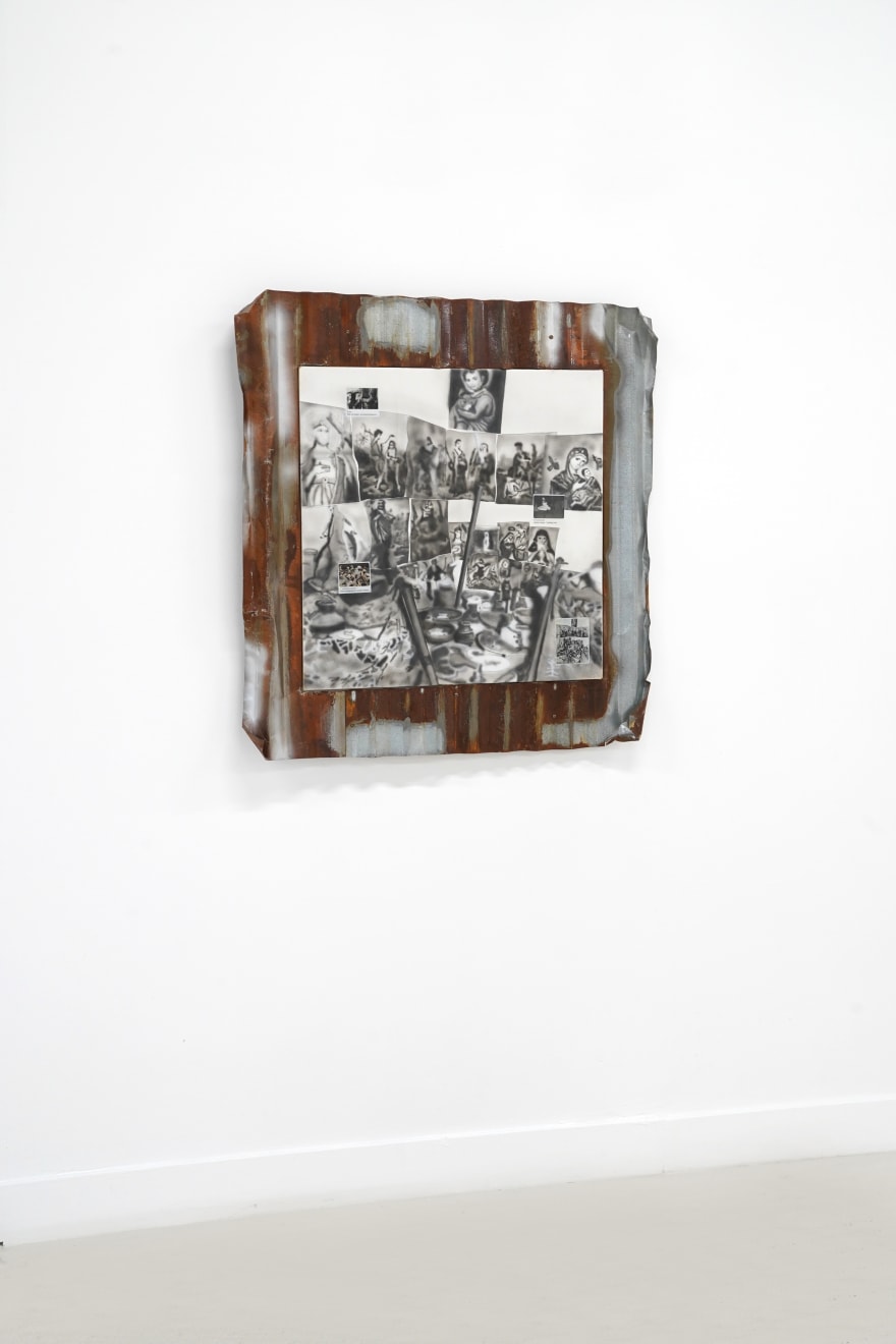 black and white painting collage on canvas mounted on metal