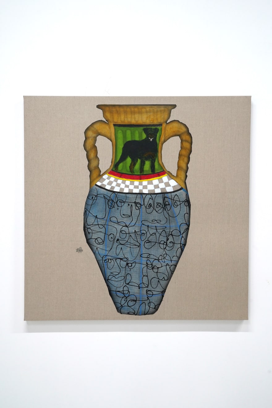 painting of a vase with a black dog on it