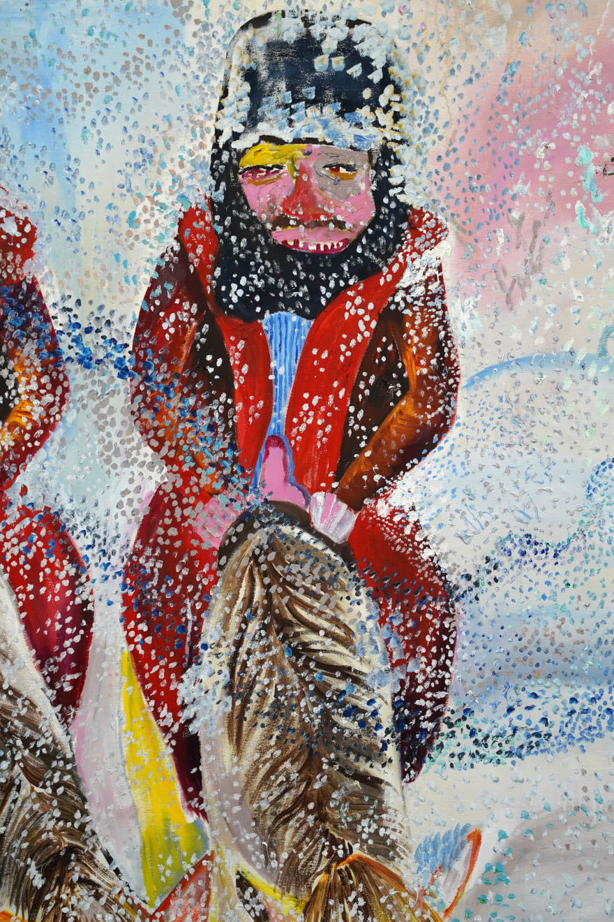 painting of two riders on white horses